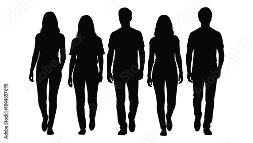 A group of five people walking forward depicted as a striking black silhouette