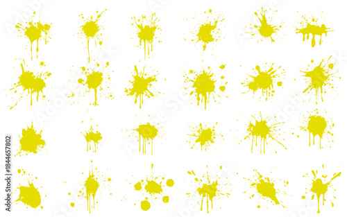 Grunge ink splatter. Splash of paints, spray drops staining and frame with wet paint drop traces  set. Illustration splash and drip design, silhouette blob spray collection