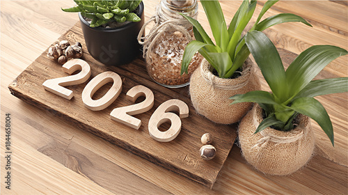 Zero waste new year flat lay featuring wooden numbers 2026, decorative plants, and natural textures on a rustic wooden surface, promoting sustainable living and eco-friendly practices