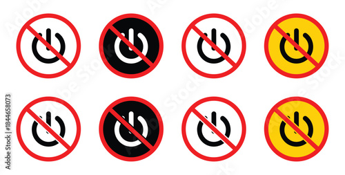 Power Off Symbol with Prohibition Icon. Power button prohibition symbol, Do not shutdown vector icon.