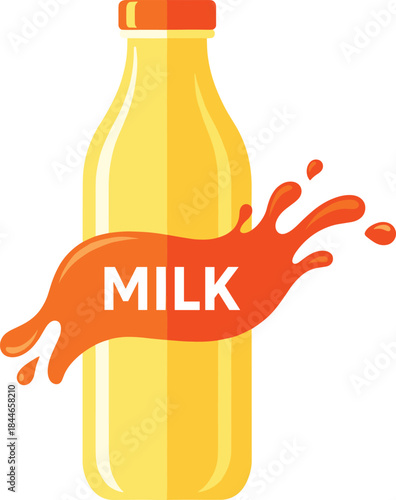 Milk bottle with splash label illustration, dairy drink packaging icon in bright flat cartoon vector style