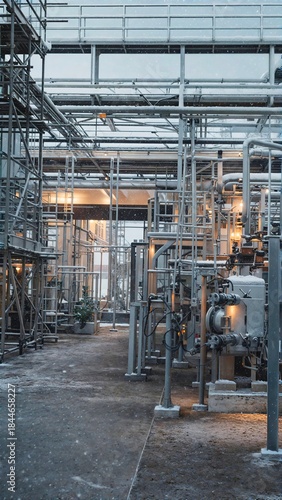 Industrial factories in a snowy winter setting.