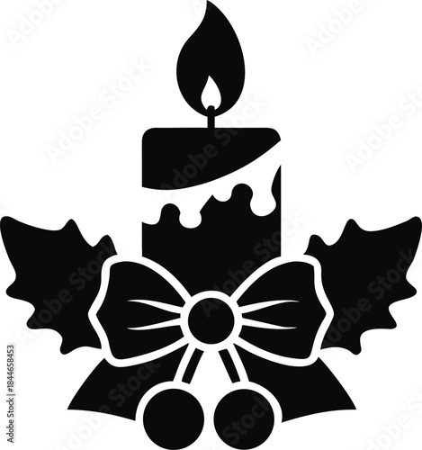 Black Silhouette Icon of Christmas Candle with Holly Berries and Festive Bow Decoration. Vector Glyph for Winter Holiday, Advent, and Traditional Festive Lighting Designs Isolated on White.