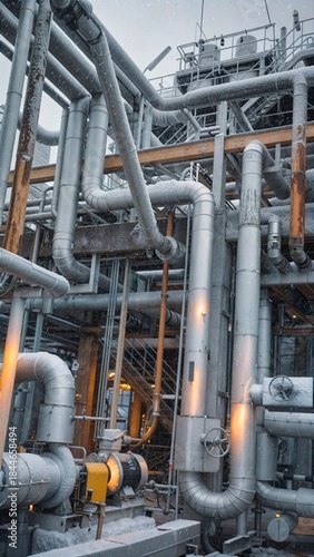 Industrial factories in a snowy winter setting.