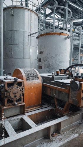Industrial factories in a snowy winter setting.