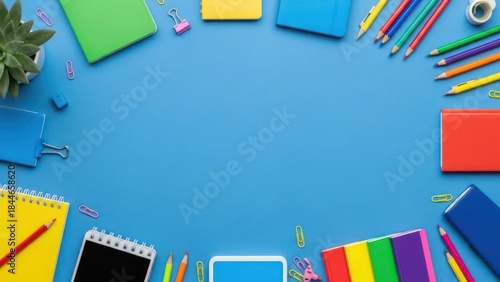 Vibrant desk scene with assorted colorful stationery items arranged around an empty blue space