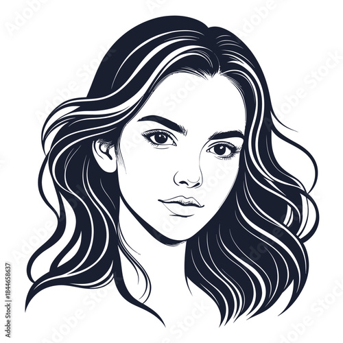 Woman With Wavy Hair Line Art face portrait