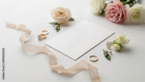 Wedding setup rings, flowers, and ribbon surround a blank card on a white surface