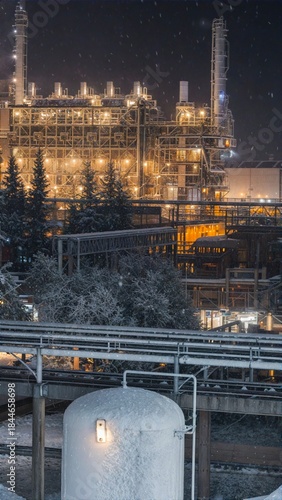 Industrial factories in a snowy winter setting.