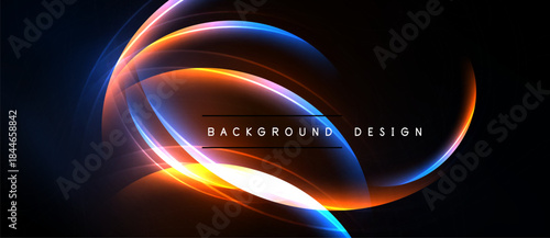 Abstract glowing lines form elliptical shapes. Dark background emphasizes vibrant orange, blue, white light effects. Text reads background design.