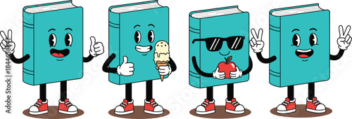 Cute book cartoon characters vector set with funny expressions, holding ice cream and apple, education mascot design