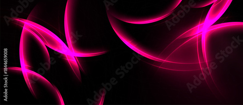 Abstract pink neon lines flow across black background. Dynamic curves create modern, energetic visual effect. Brightness contrasts sharply.
