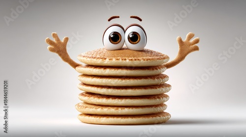A cartoon character made out of pancakes with big eyes and a big smile. The pancakes are stacked on top of each other, creating a tower. The character's expression is playful and happy