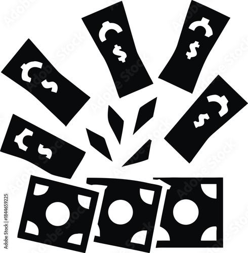 Black Silhouette Vector Icon of Exploding Money and Financial Success: Abstract Graphic Depicting Rapid Wealth Accumulation, Investment Return, Windfall, or High Profit Growth Symbol.