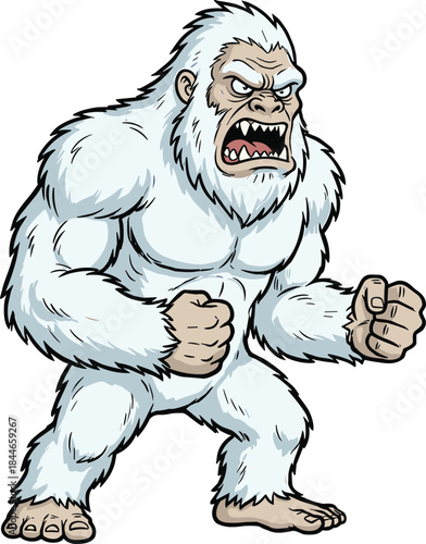 Cartoon yeti, white fur creature, roaring monster, clenched fists, aggressive stance, mythical beast, vector art, flat illustration, snowman