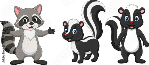 Cartoon woodland animals, raccoon and skunks, upright pose, smiling faces, bushy tails, vector art, flat illustration, forest creatures, friendly