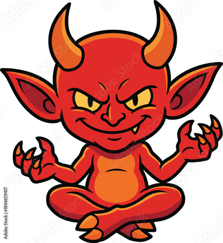 Cartoon devil, red character, orange horns, mischievous grin, clawed hands, fantasy creature, Halloween theme, vector art, flat illustration, spooky
