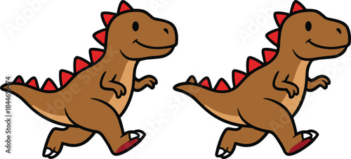 Cartoon dinosaurs, running pose, smiling expression, twin characters, playful design, children’s theme, vector art, flat illustration, prehistoric animals, fun