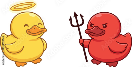 Cartoon ducks, angel and devil, good vs evil, halo and trident, morality theme, vector art, flat illustration, duality