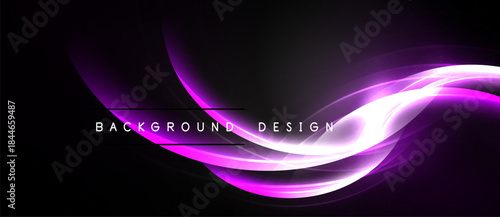 Abstract purple waves flow across black background. Smooth curves create dynamic visual effect. Modern design element for projects.