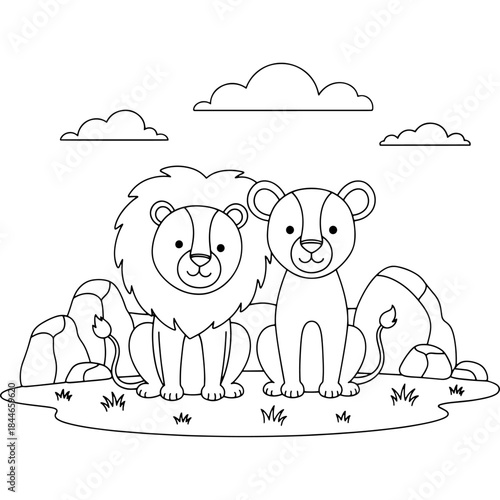 Cute lion and lioness sitting together in a rocky landscape Vector