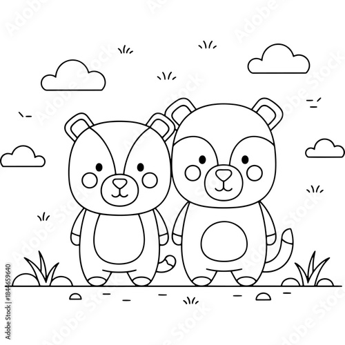 Cute bear cubs standing together in a field with clouds above Vector