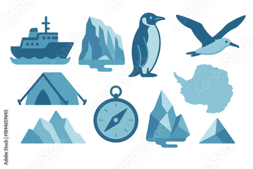 Magallanes and Chilean Antarctica Icon Set Vector Illustration with Penguins, Icebergs and Polar Symbols