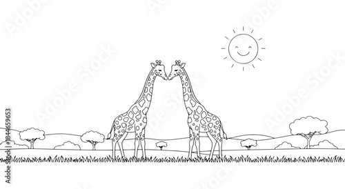 Two giraffes touching noses in the savanna under a smiling sun Vector