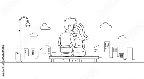 A couple sitting on a bench and enjoying the city view together Vector