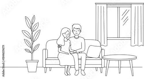 Couple sitting on sofa in a room Vector