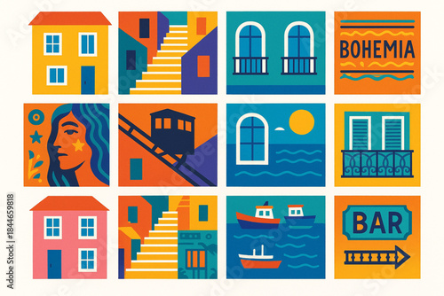 Valparaíso Architecture Icon Grid Vector Illustration with Colorful Hillside Houses and Funicular