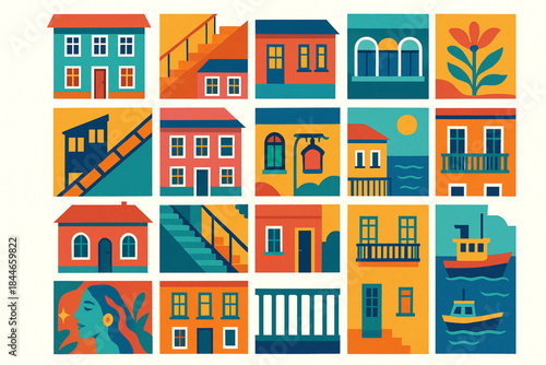 Valparaíso Architecture Icon Grid Vector Illustration with Colorful Hillside Houses and Funicular