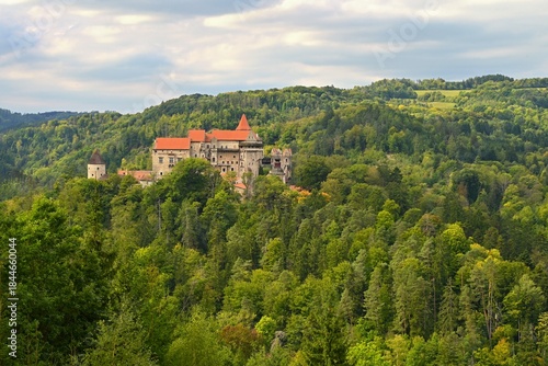 Beautiful old castle in forests with autumn landscape.Beautiful autumn landscape with colorful nature in the Czech Republic in autumn time..Pernstejn - Nedvedice