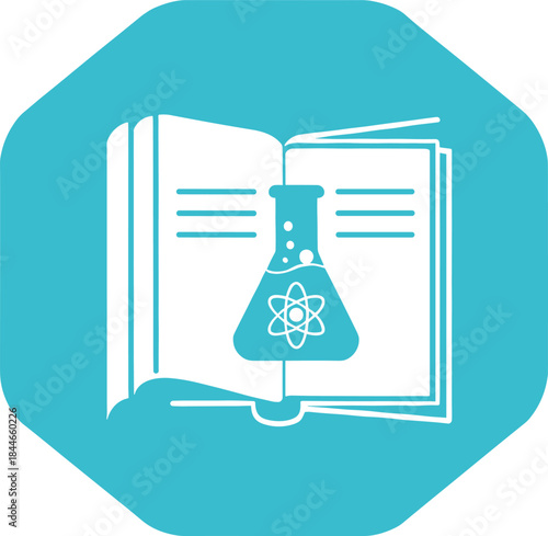 Science education vector icon with open book and chemistry flask, modern learning and laboratory knowledge symbol