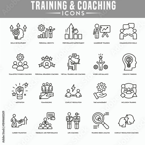 Training and coaching icon set for education, business, and professional development,
