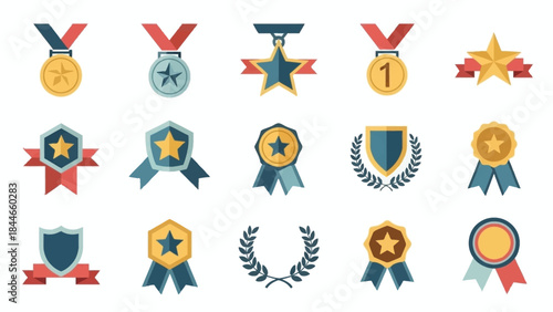 Collection of Medals Badges and Awards Icons.