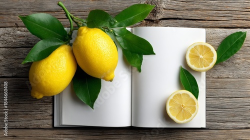 A book with a lemon on top of it. The lemon is cut in half and is on the table