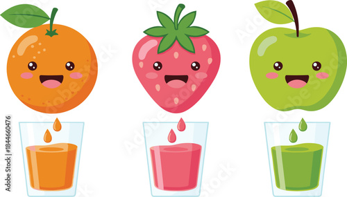 Cute fruit juice vector illustration with smiling orange strawberry and apple characters dripping fresh juice into glasses