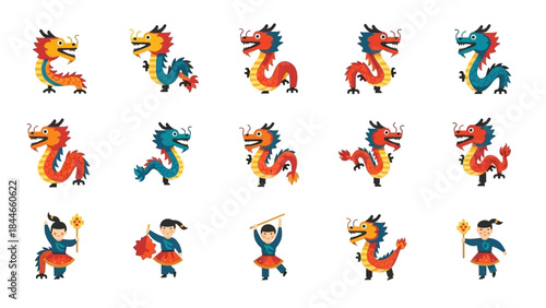 Colorful Dragon Dance Performers in Various Poses.