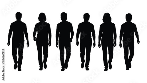 A row of six people walking forward depicted as a striking black silhouette
