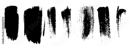 Collection of black paint brushstrokes, charcoal, liner and other strokes. Ink splashes, grunge blocks for text, banner. 
