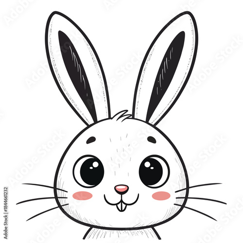 Cute cartoon bunny face with big eyes and pink cheeks on white background