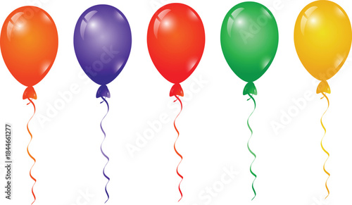Colorful helium balloons with ribbon are isolated on white for a fun birthday party celebration decoration