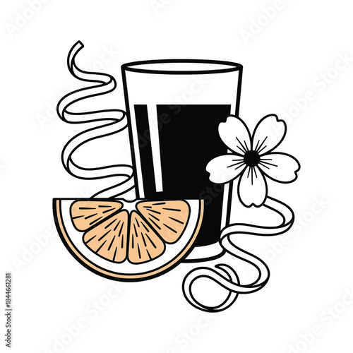 A black drink with orange slice flower and spiral garnish design