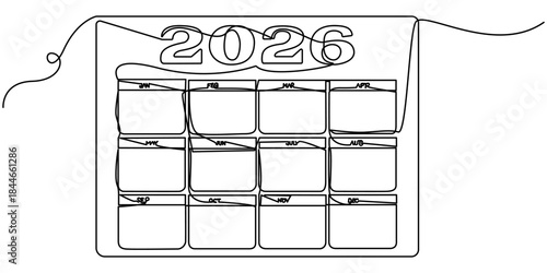 calendar 2026 in one continuous line drawing. Symbol of memorable date and event day in simple linear style, in outline vector illustration. 