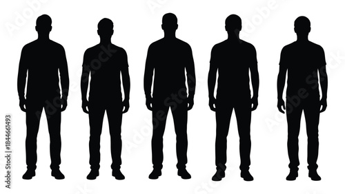 A row of five identical male figures presented as a striking black silhouette