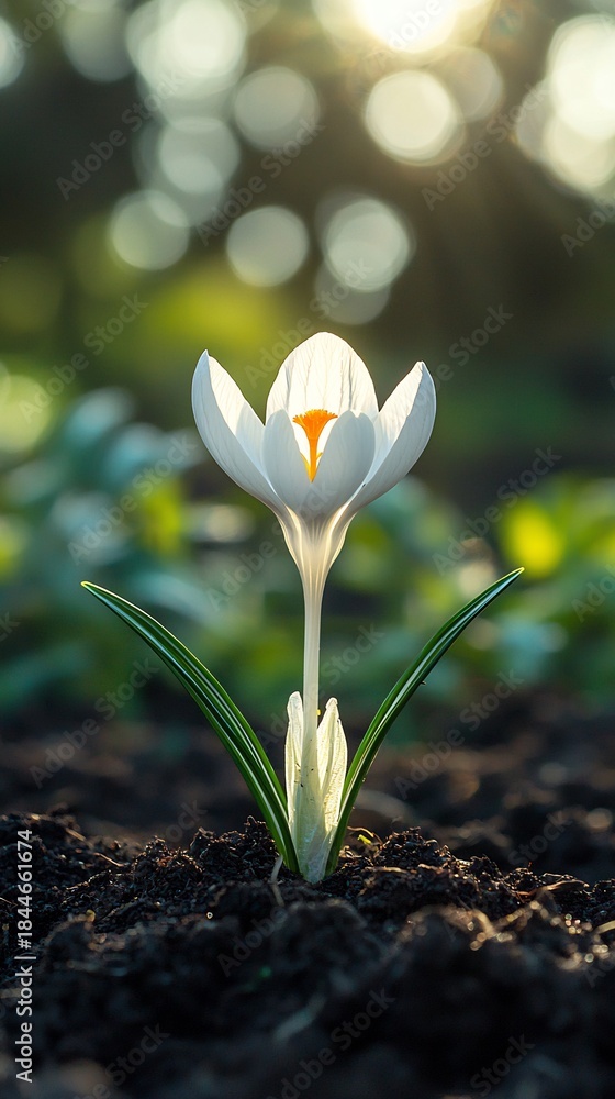 Obraz premium Macro View of Early Spring Crocus In Bloom Emerging From Soil With Sunlight Filtering Through