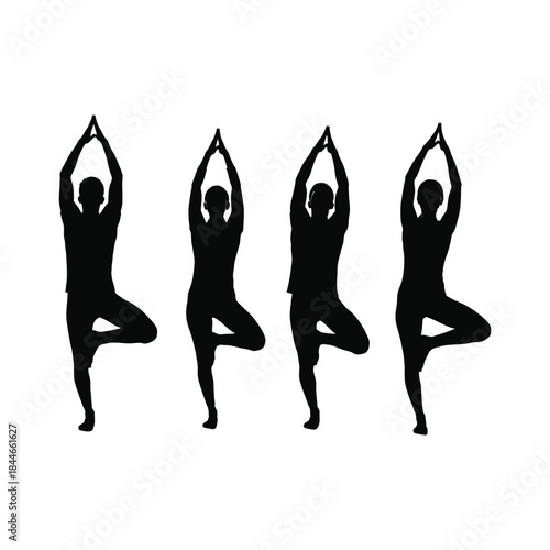 Silhouette of four figures practicing a yoga tree pose alignment
