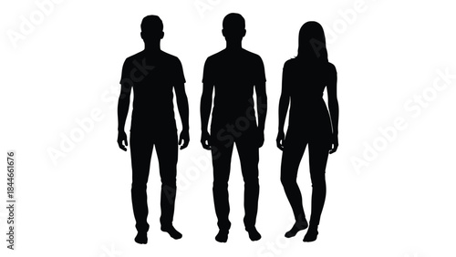 Three people standing side by side depicted as a striking black silhouette