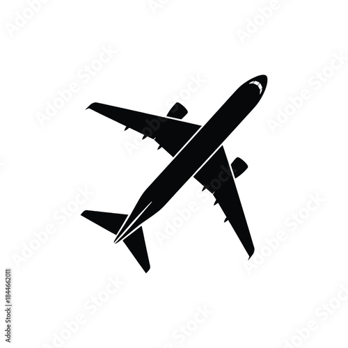 A simple black silhouette of a passenger airplane in flight